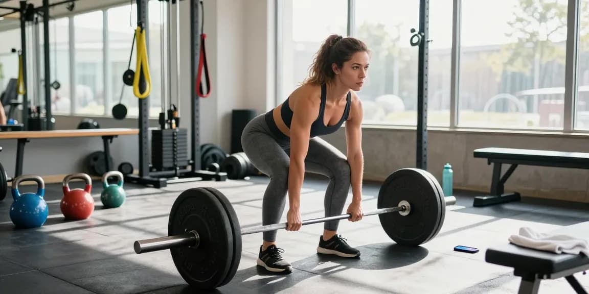 Im modernen Fitnessstudio demonstriert eine Athletin mit perfekter Technik eine Kreuzhebung, während sie sich auf das Training konzentriert - Unique Pharma Shop.
