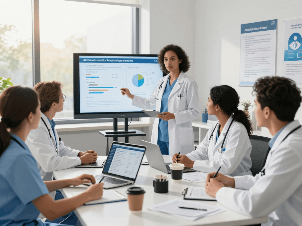 Collaborative discussion on Gemeinschafts practices in a healthcare office focusing on data protection.