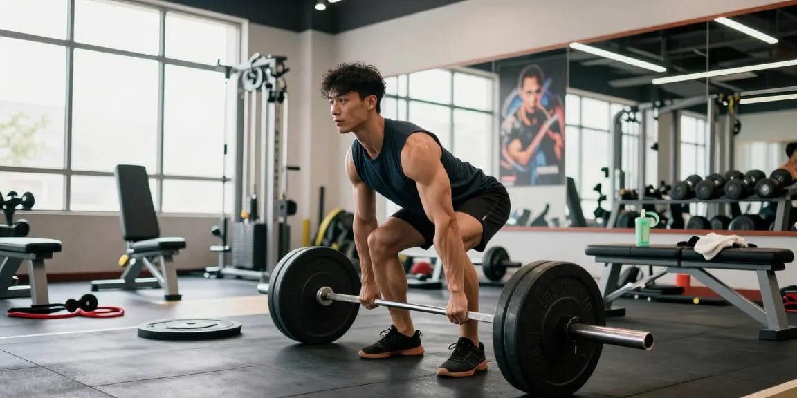 Anabolika Shop Deutschland: Athlet beim Deadlift-Training im modernen Fitnessstudio mit natürlichem Licht und motivierenden Elementen