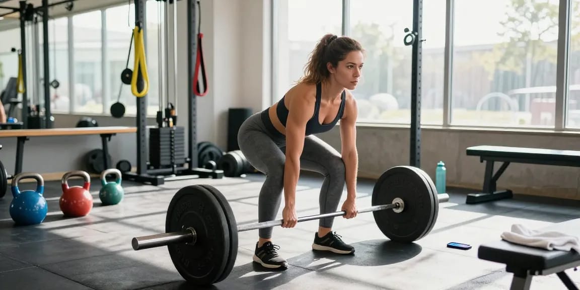 Im modernen Fitnessstudio demonstriert eine Athletin mit perfekter Technik eine Kreuzhebung, während sie sich auf das Training konzentriert - Unique Pharma Shop.