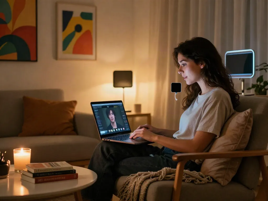 Engaging ai chat porn experience in a cozy room with warm lighting.