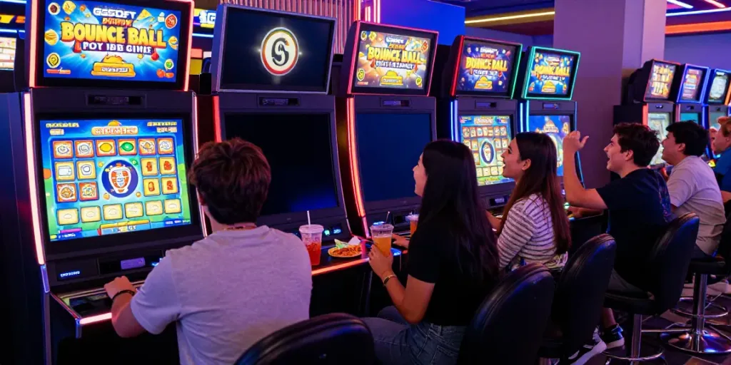 Players enjoying the GGSOFT link Bounce Ball Slot Game in a neon-lit arcade.