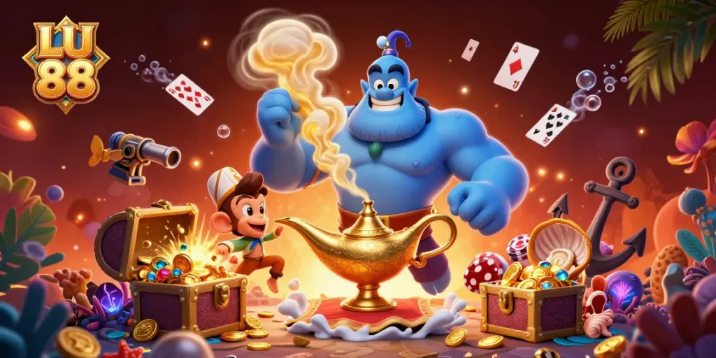 Enjoy winning at LU 88 with a vibrant casino adventure featuring playful characters and treasures.