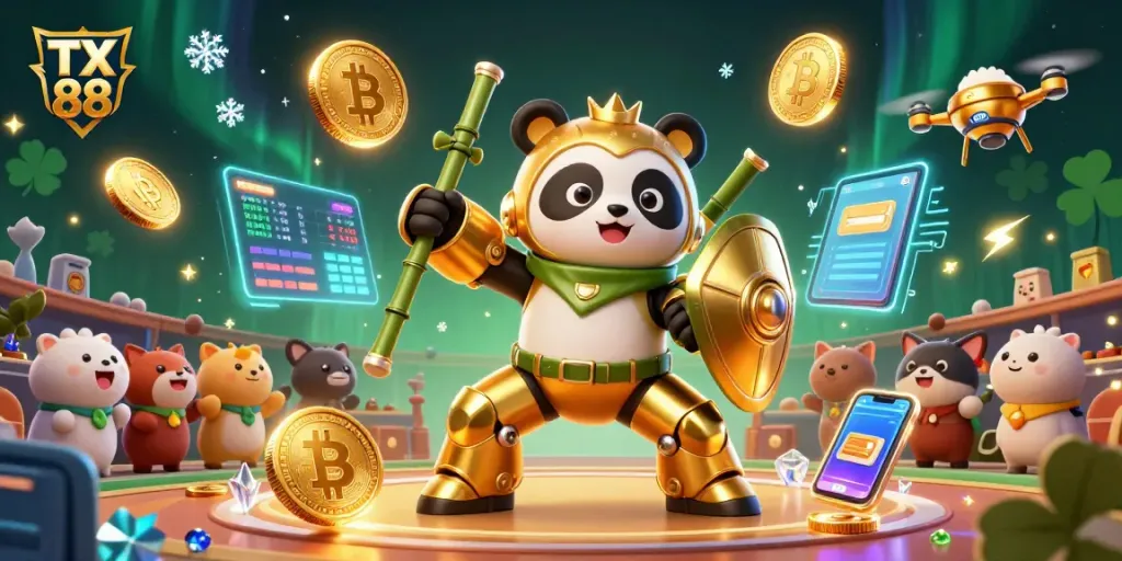 Engaging TX 88 scene illustrating a golden panda piloting a robot amidst a vibrant crypto casino setting.
