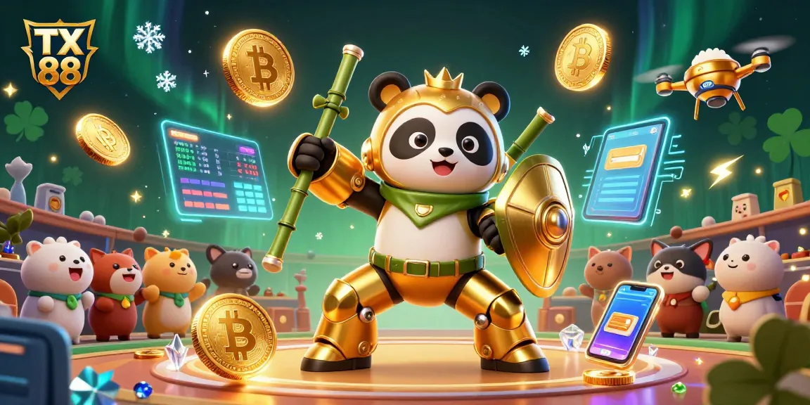 Engaging TX 88 scene illustrating a golden panda piloting a robot amidst a vibrant crypto casino setting.