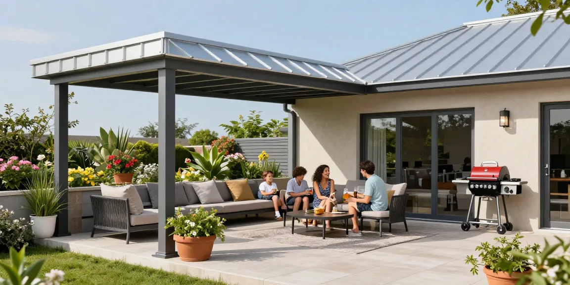 Moderne Terrassenüberdachungen in stilvollem Design mit gemütlicher Sitzgruppe und blühenden Pflanzen im Garten.