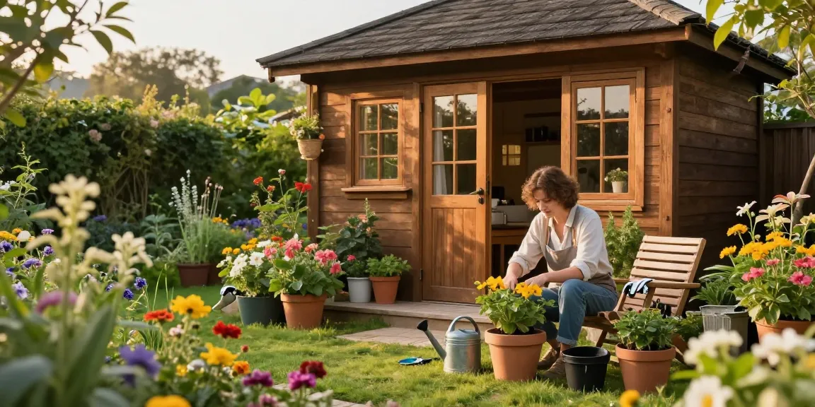 Ein Garten Haus umgeben von bunten Blumen und einem entspannten Gartenbereich, in dem jemand mit Gartenwerkzeugen arbeitet.