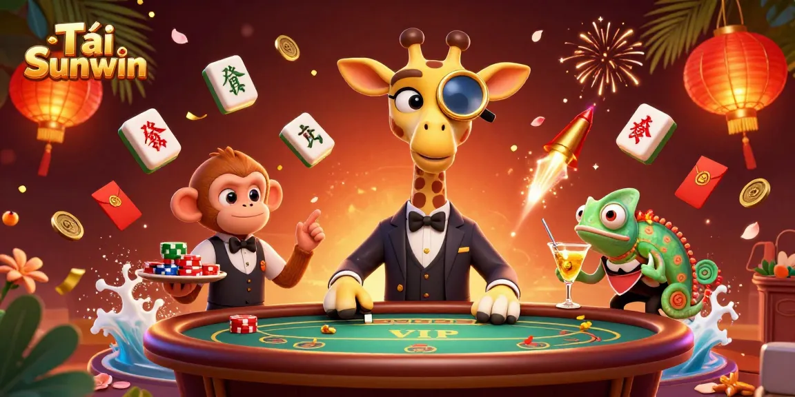 Experience Tải Sunwin with a vibrant 3D illustration of a gambling scene featuring a giraffe at a poker table.