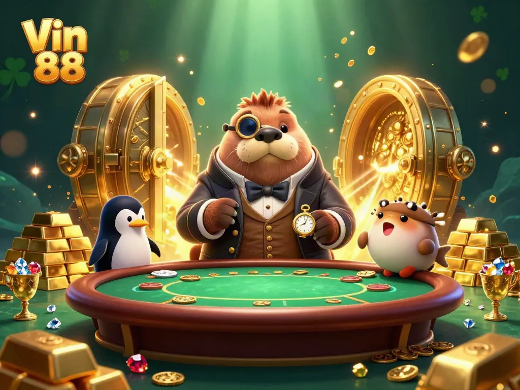 Experience the excitement of Vin 88 with an underwater casino scene featuring a jolly walrus and skilled penguin dealer.