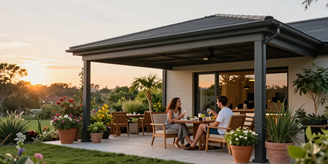 Freistehende Terrassenüberdachung im Garten mit Pflanzen und Sitzecke.