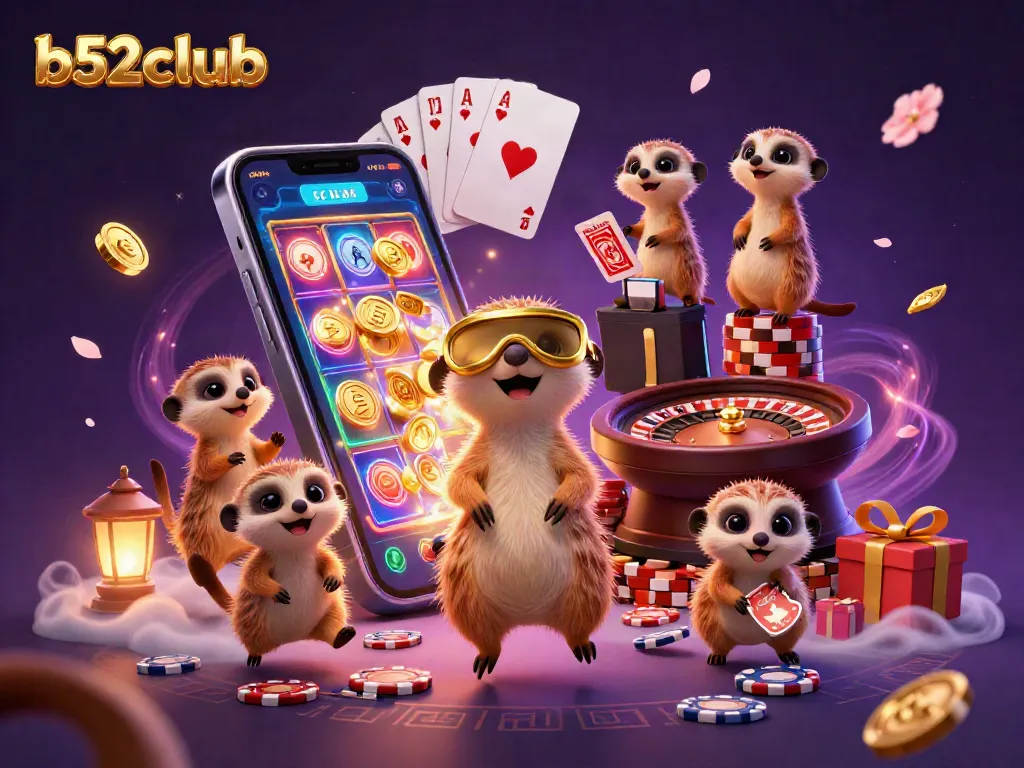 b52club jackpot scene with meerkats running a casino, showcasing thrilling gaming elements.