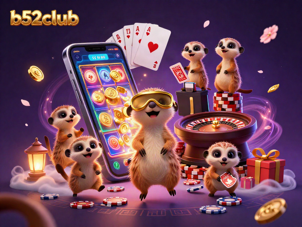 b52club jackpot scene with meerkats running a casino, showcasing thrilling gaming elements.