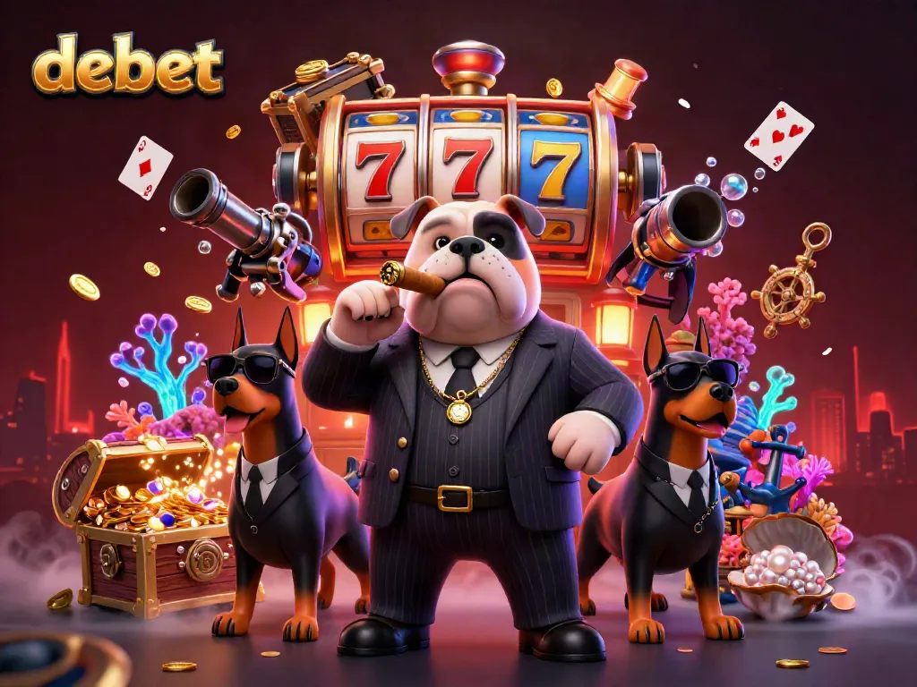 Experience the thrill of debet gaming with vibrant slot reels and a mafia-inspired 3D scene.