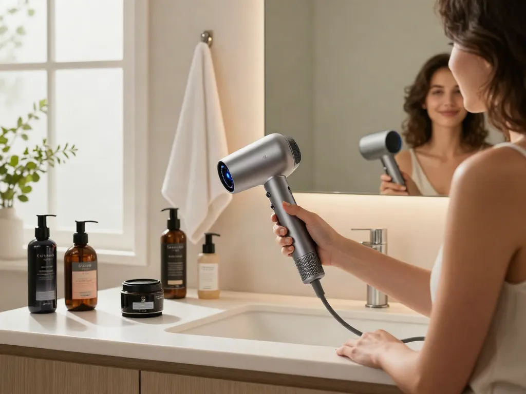 Die Verwendung eines Haartrockners mit intelligenter Temperaturregelung in einem modernen Badezimmer mit Pflegeprodukten.