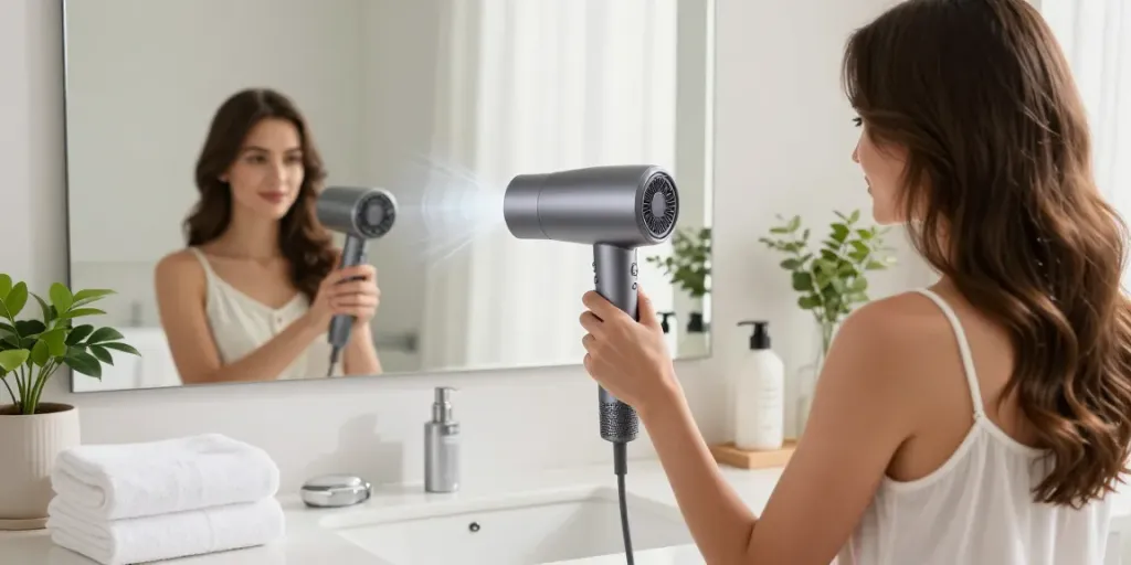 Eine stilvolle Frau benutzt einen ionen haartrockner in einem hellen Badezimmer mit luxuriösen Handtüchern und Hautpflegeprodukten.