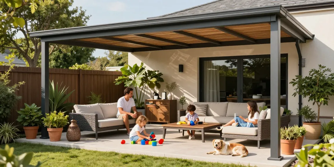 Moderne Terrassenüberdachung bietet Schutz für Familie und Haustier auf der sonnigen Terrasse.