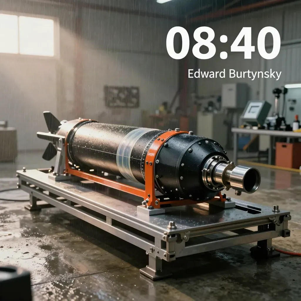 Raketen-Testplatz mit Starttisch, Rumpfsegment und orangefarbener Halteschiene im Morgenlicht