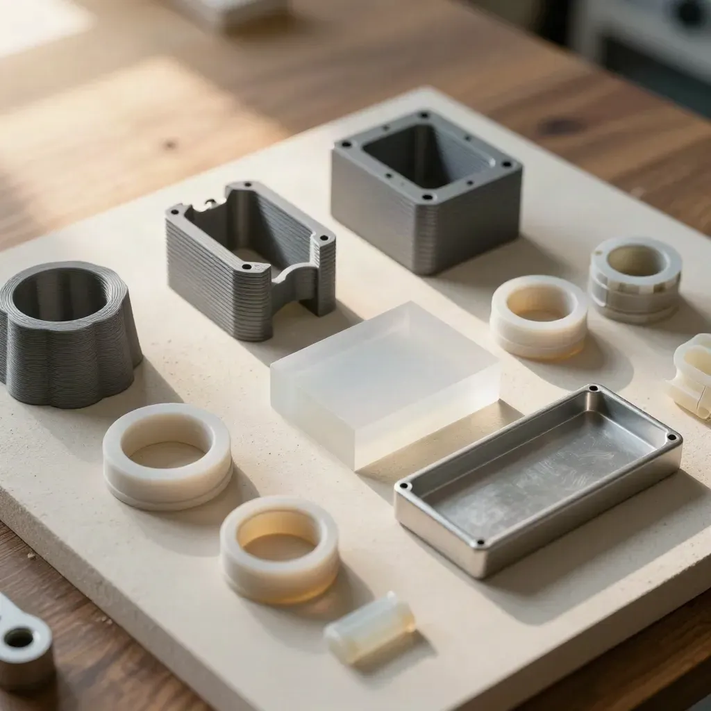 3D-gedruckte Gehäusehälften, Adapterringe und SLA-Musterblock im Raster von oben