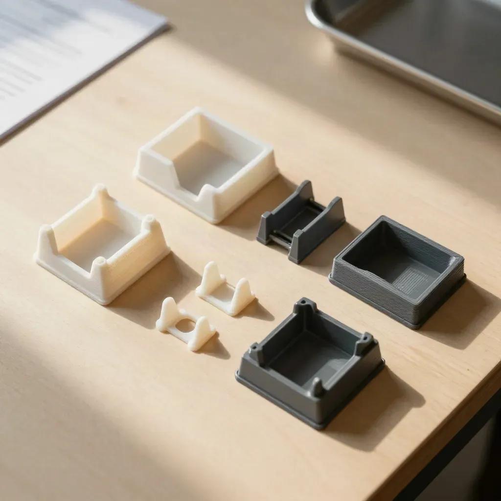Sortierte 3D-Druckteile, Montagejig und zwei Halter auf heller Werkbank, Draufsicht.