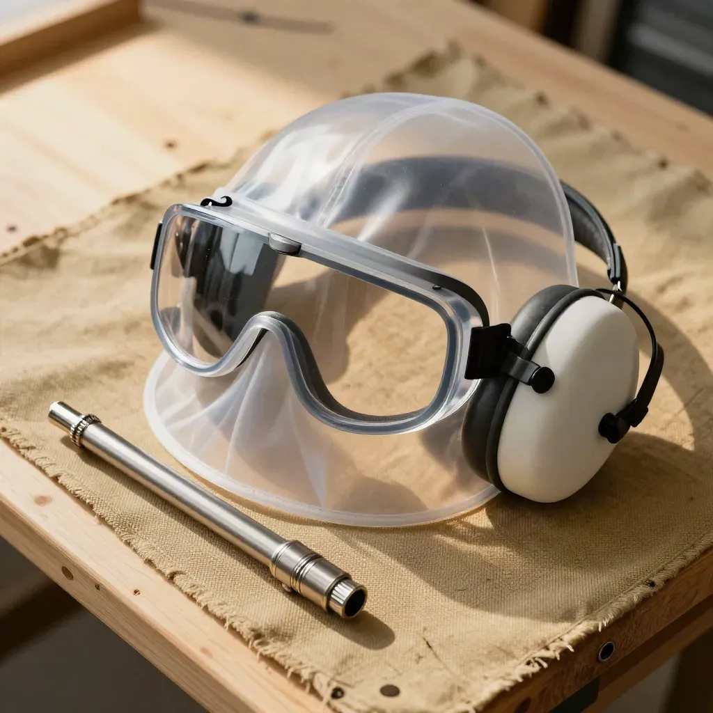 Schutzbrille, Ohrschützer und Übungsdüse auf hellem Werktisch
