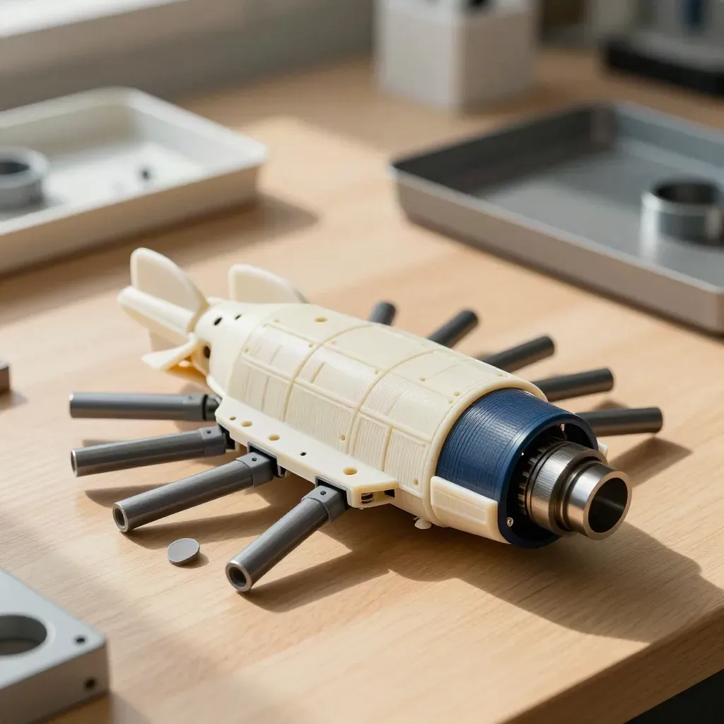 3D-gedrucktes Raketengehäuse mit Steckmodulen und Prototypenring auf heller Holzfläche