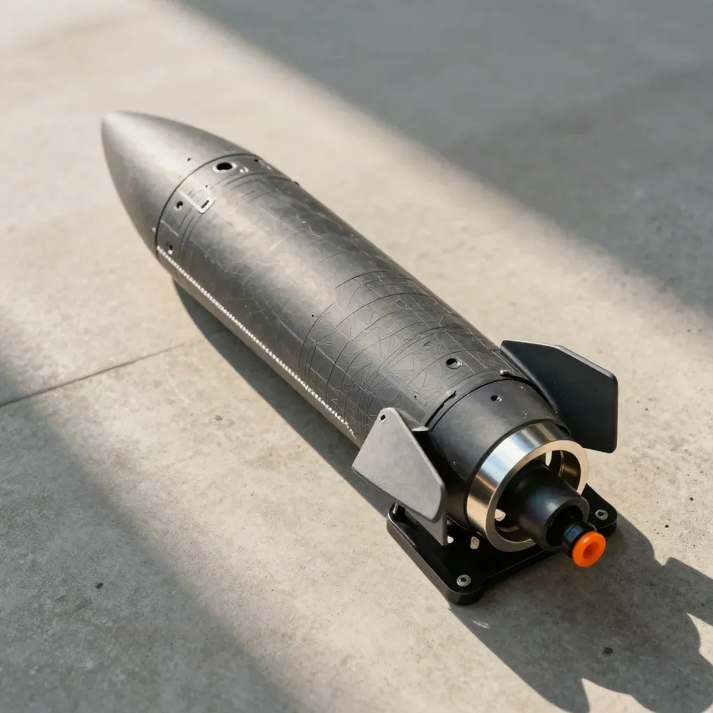 Halb montierter Raketenprototyp mit Testsockel, Flosse und Klemmring auf hellem Beton