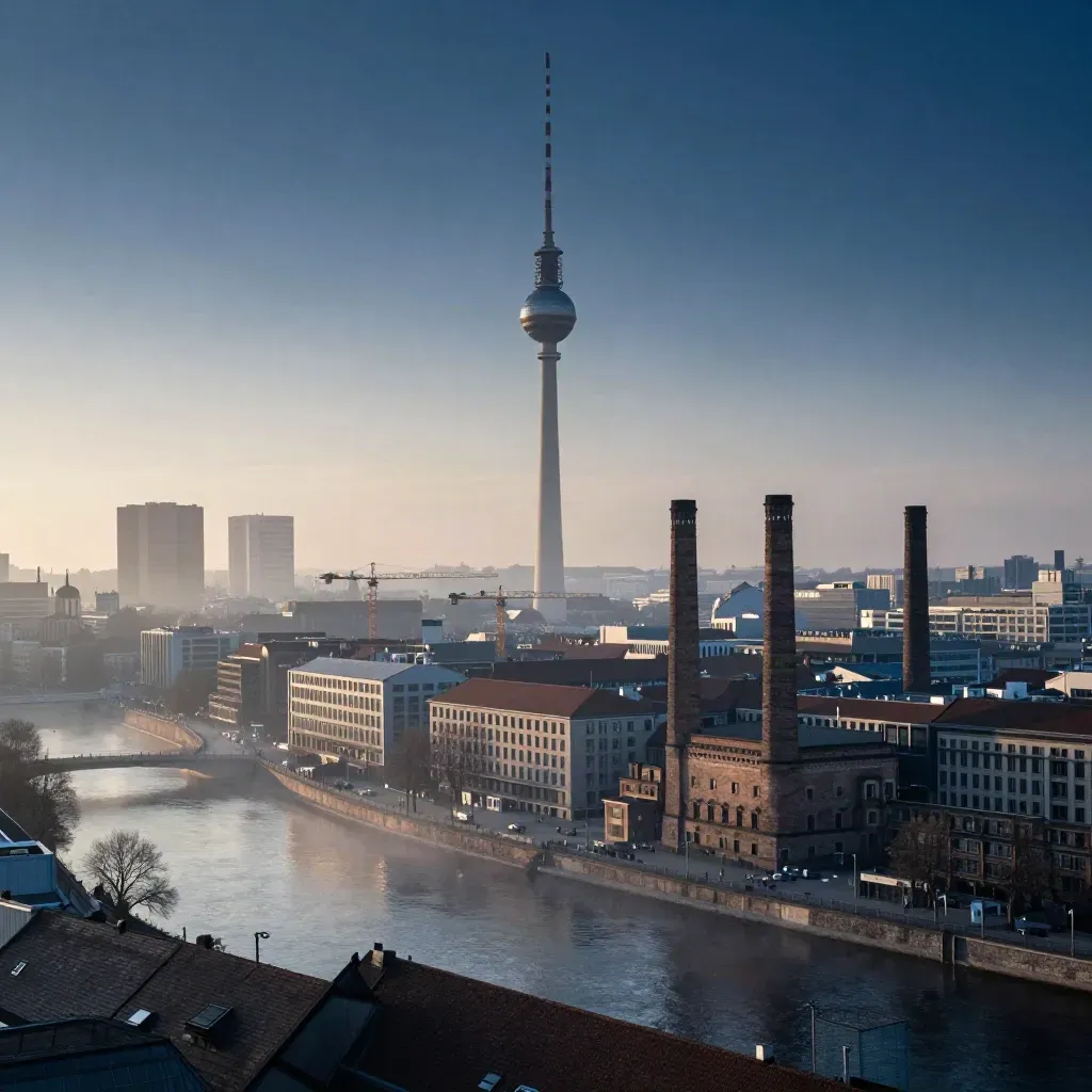 Berlin im Morgennebel mit Fernsehturm, Backstein und ruhiger Spree unter weitem Himmel.