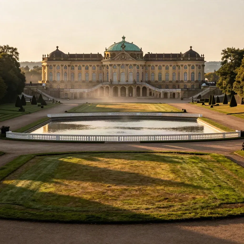 Sanssouci-Palast über Terrassen im warmen Abendlicht mit ruhigem Haze