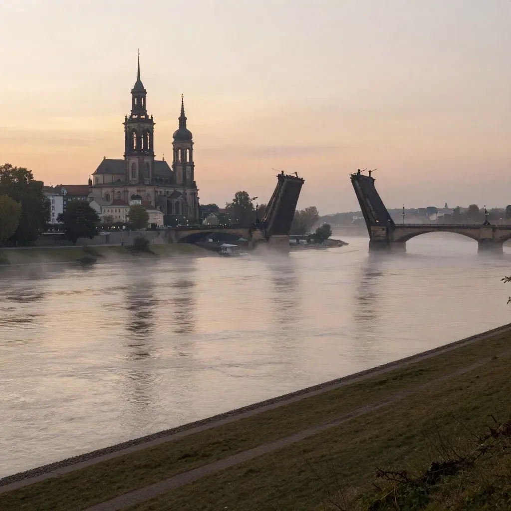 Dresdner Elbpanorama mit Frauenkirche im Abendnebel über ruhiger Elbe