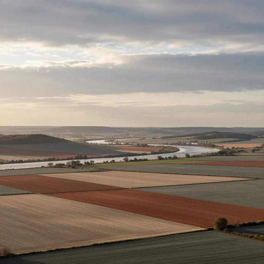 Weite deutsche Landschaft mit Feldern, Flussband, Hügeln und ruhigem Himmelsband im Dunst.