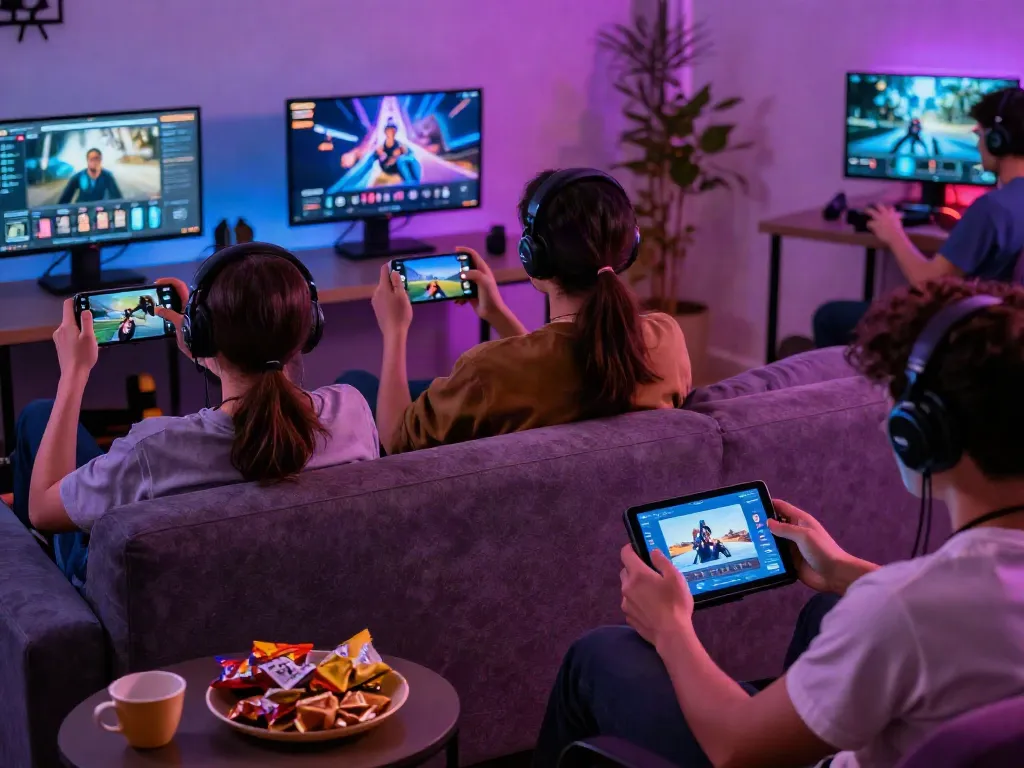 Engaging gaming experience with rokok88 on various devices in a vibrant atmosphere.