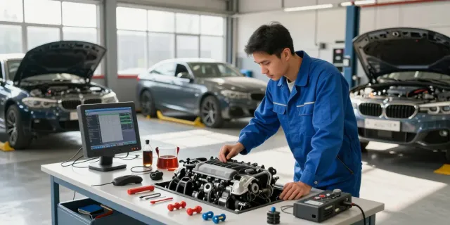 Professionelles BMW Werkstatt-Setup in Hannover mit Mechaniker und modernem Equipment für präzise Reparaturen.
