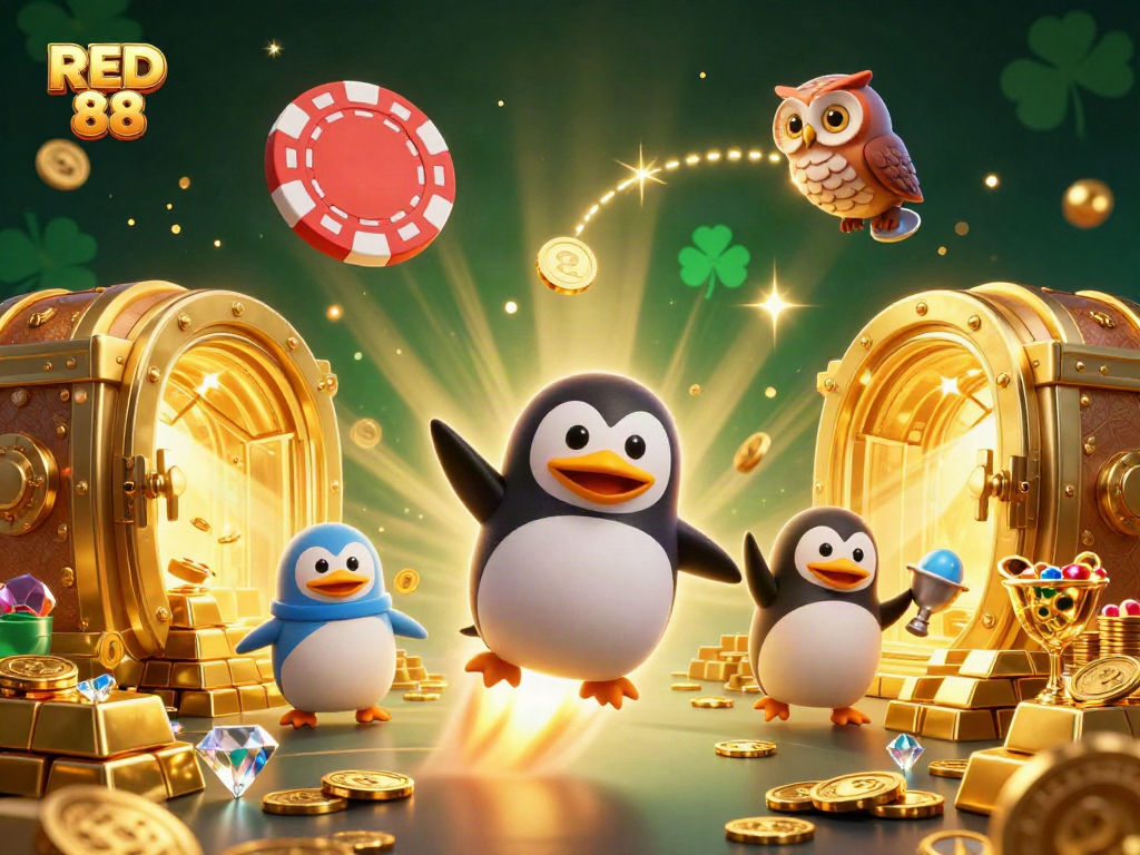 Experience the thrilling gambling world of RED 88 as a golden penguin rockets into a vibrant casino atmosphere.