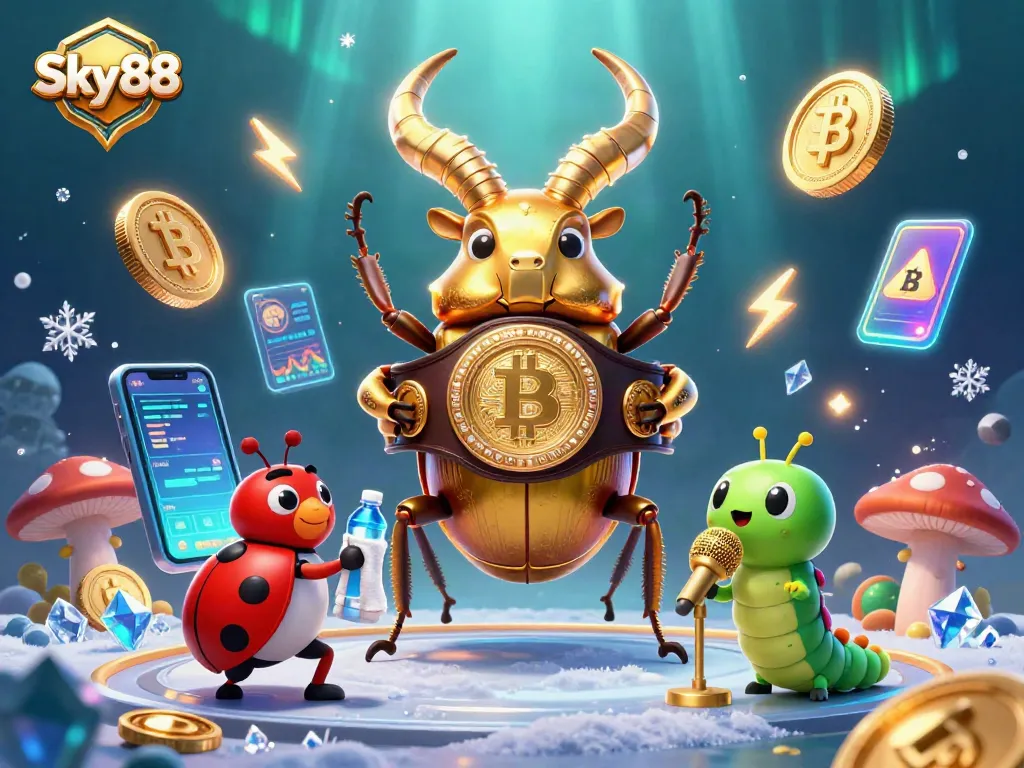 Engage with Sky 88 as a giant golden stag beetle battles amidst vibrant casino elements, symbolizing thrilling gameplay.