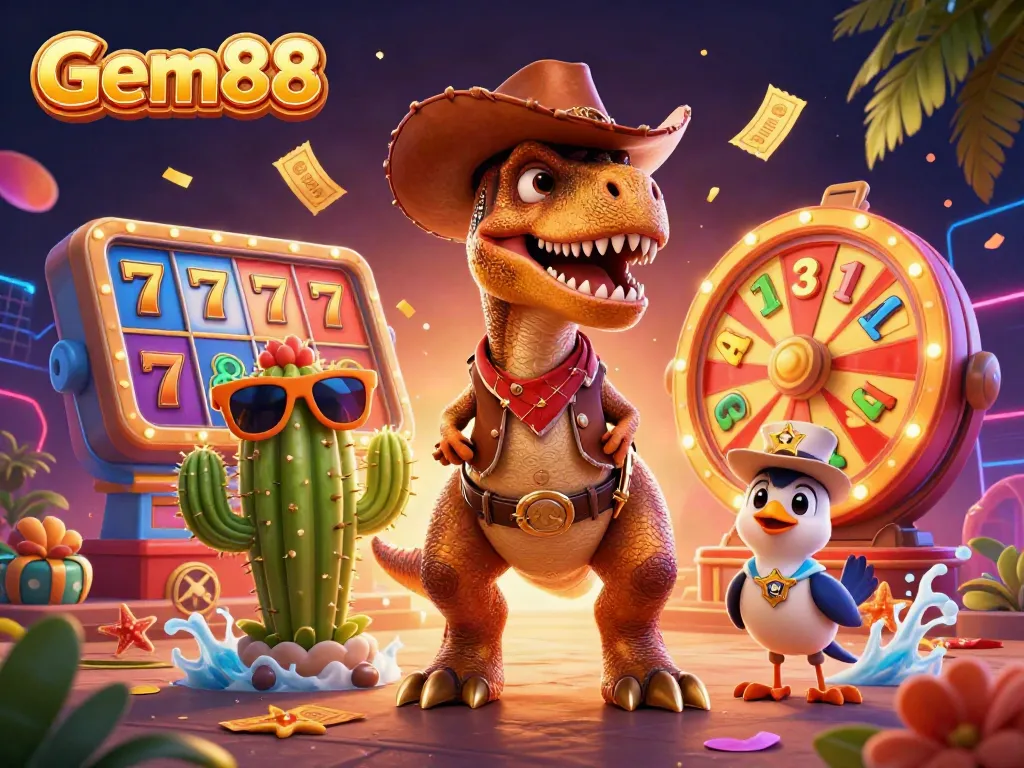 Experience Gem88 with vibrant characters celebrating a dynamic jackpot scene in a captivating casino world.