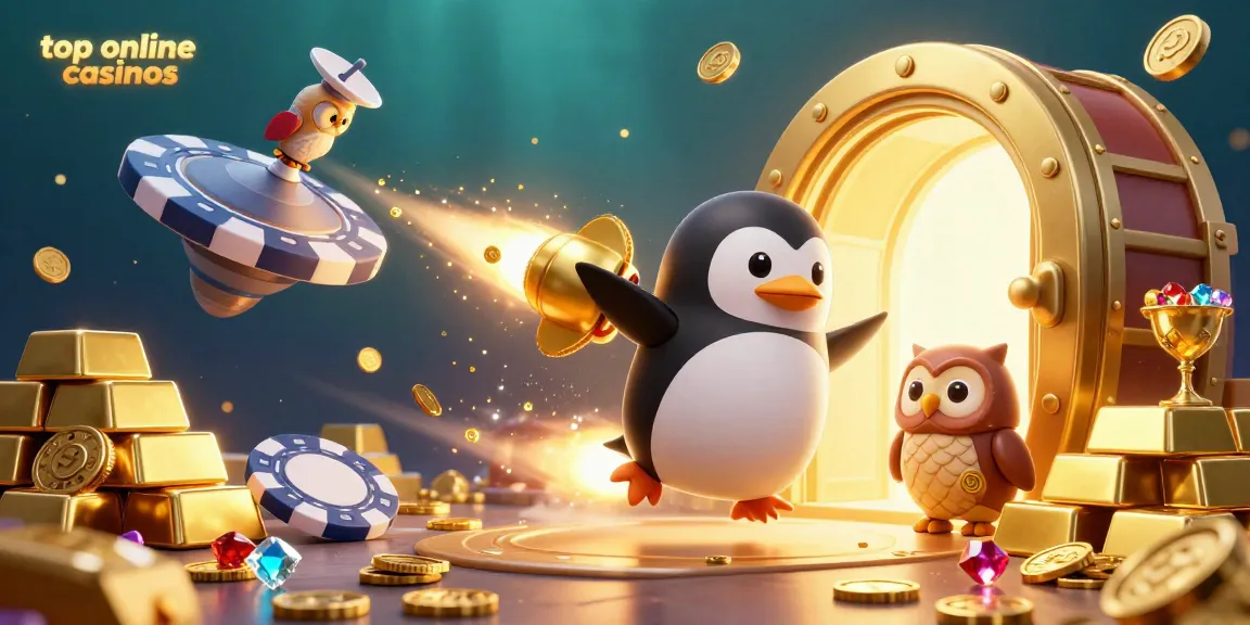 Spin the reels at top online casinos while enjoying a 3D penguin's golden treasure adventure.