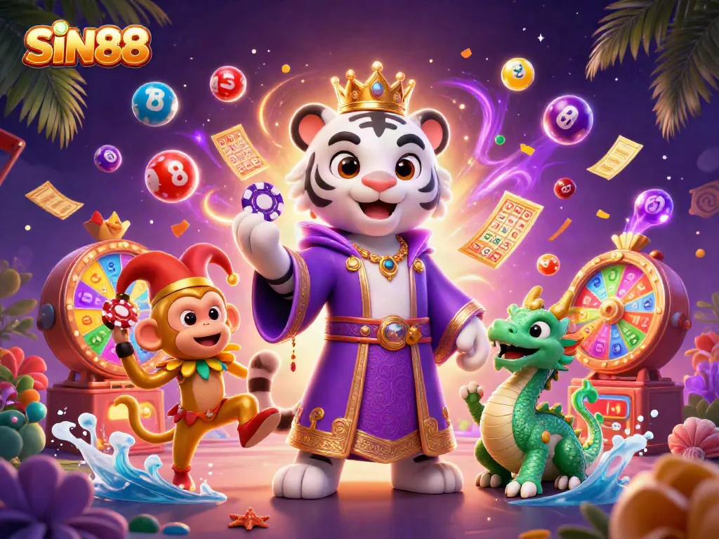 SIN88 engages enthusiasts with vibrant lottery elements and playful characters in a lively casino scene.