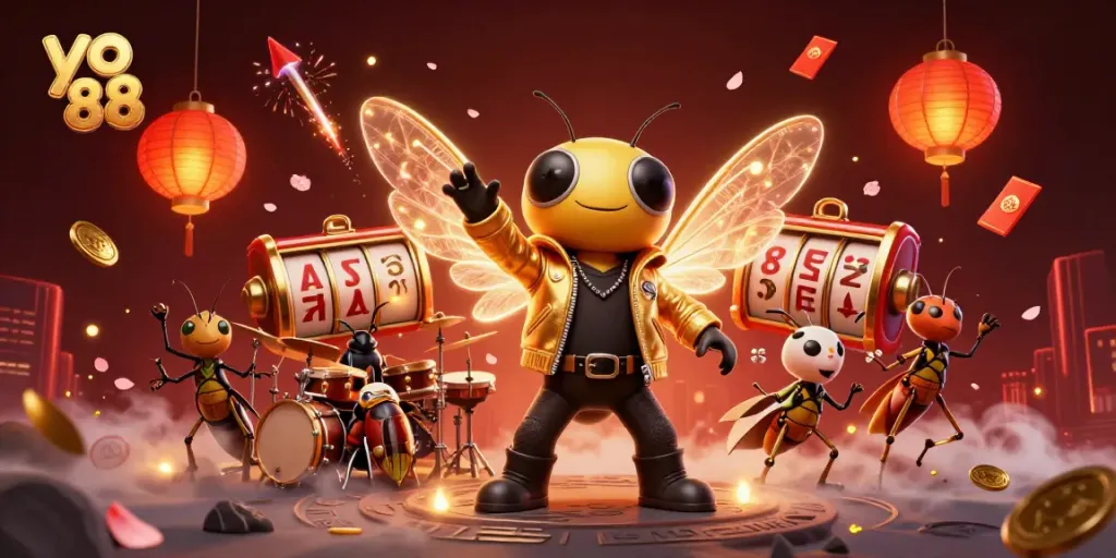 Spin the reels at yo 88 with a vibrant casino scene featuring a rock star cicada band.