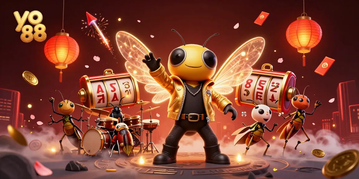 Spin the reels at yo 88 with a vibrant casino scene featuring a rock star cicada band.