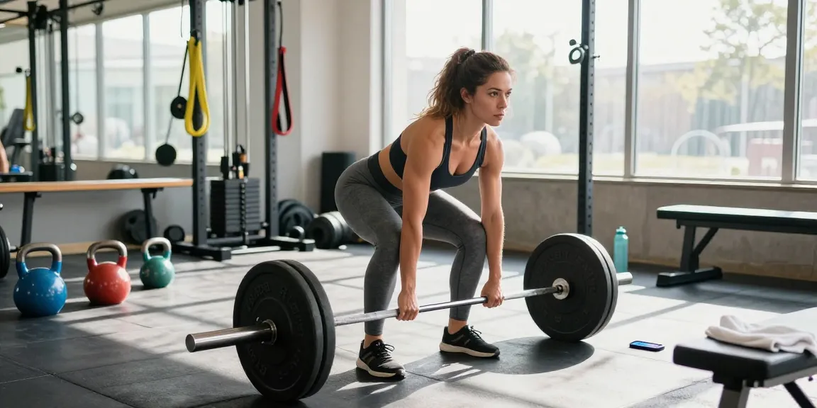 Im modernen Fitnessstudio demonstriert eine Athletin mit perfekter Technik eine Kreuzhebung, während sie sich auf das Training konzentriert - Unique Pharma Shop.