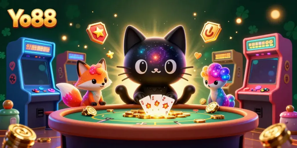 Yo88's captivating casino scene featuring a black hole cat and colorful fox in an engaging game.