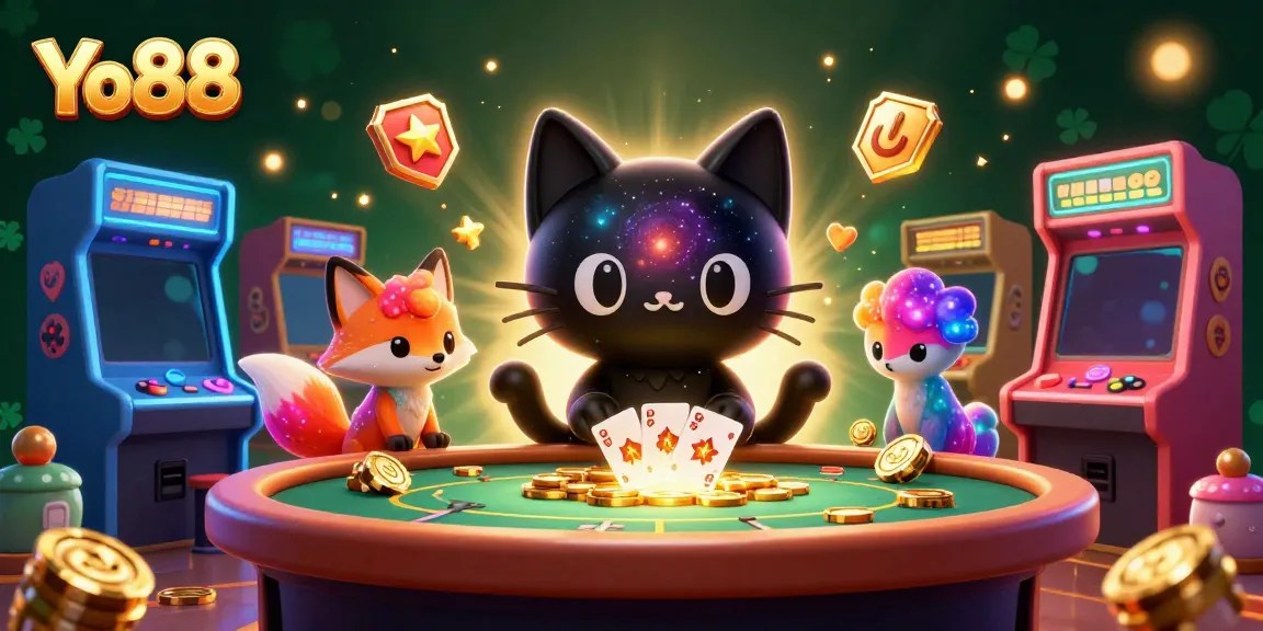 Yo88's captivating casino scene featuring a black hole cat and colorful fox in an engaging game.