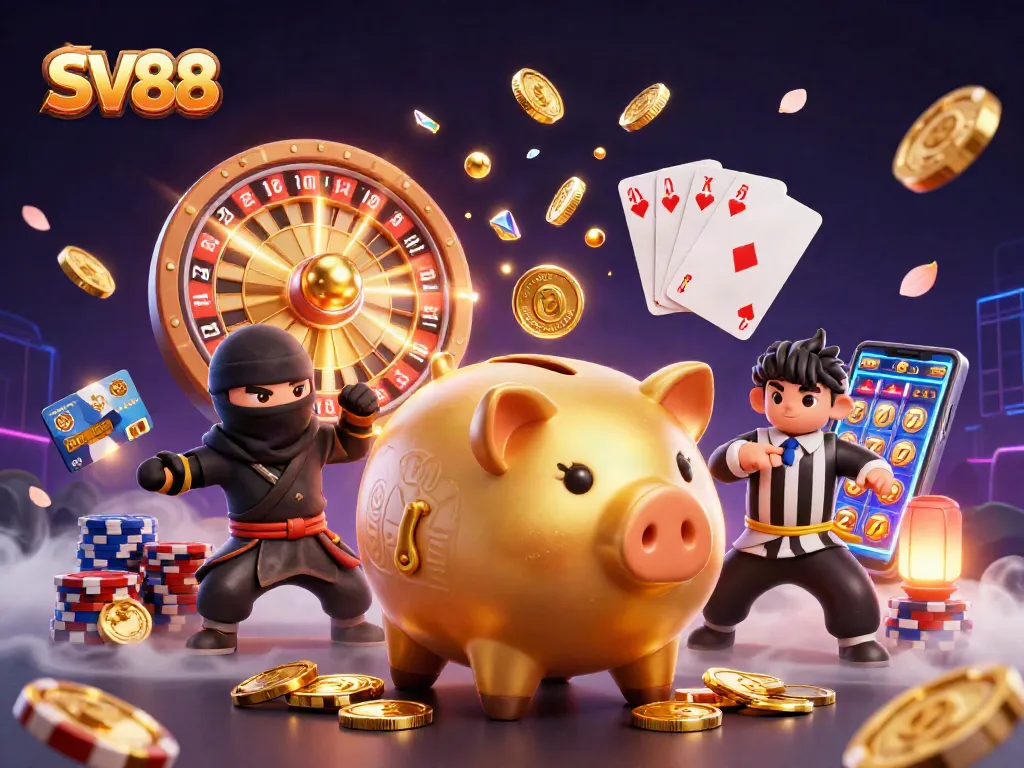 SV88 enhances the gaming experience with a vibrant 3D casino illustration showcasing exciting characters and dynamic elements.