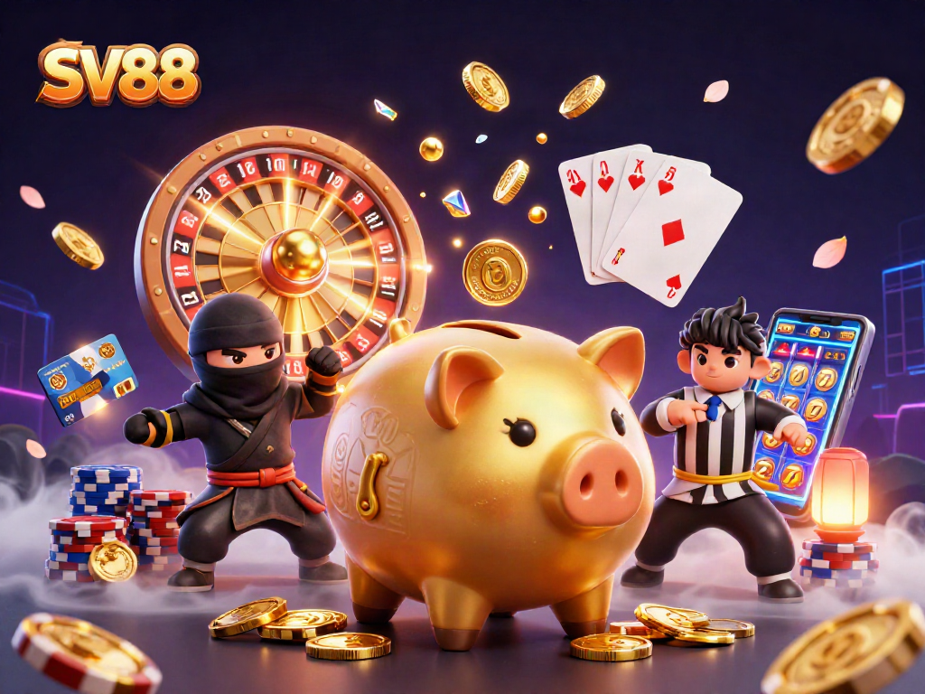 SV88 enhances the gaming experience with a vibrant 3D casino illustration showcasing exciting characters and dynamic elements.