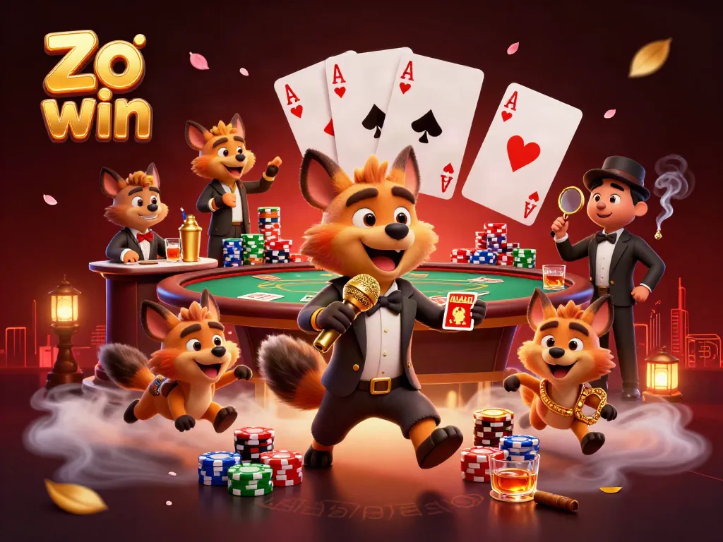 Hyenas entertain in a vibrant casino scene, celebrating gaming at Zo win with poker chips and drinks.